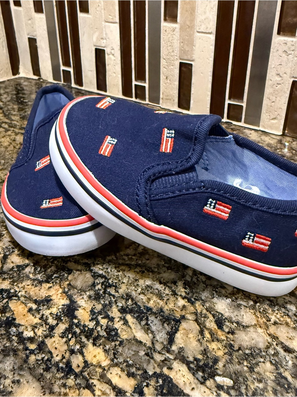 Janie And Jack EMBROIDERED FLAG SLIP-ON SNEAKER Shoe Patriotic Toddler Sz 5 EUC